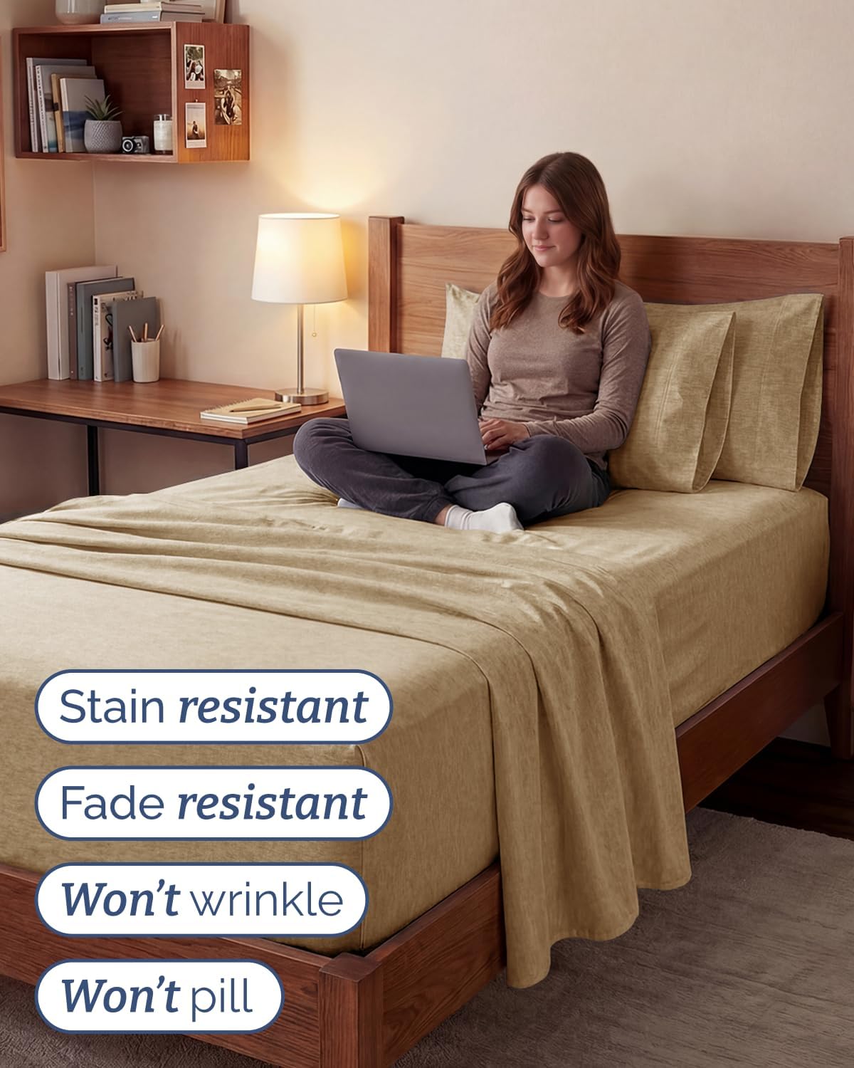 Skiennix Extra Deep Twin XL Sheet Set | 4-Piece Breathable Cooling Bedding - Soft, Wrinkle-Free, Easy Fit - Heathered Tan