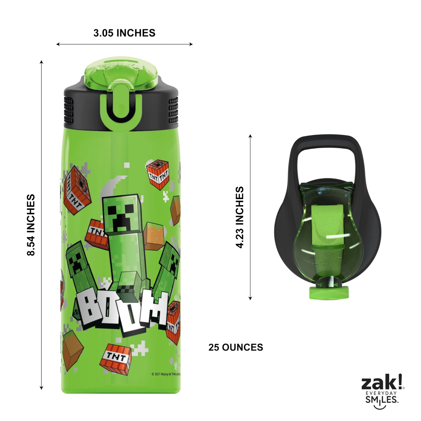 Zak Designs Minecraft Water Bottle For School or Travel, 25 oz Durable Plastic Water Bottle With Straw, Handle, and Leak-Proof, Pop-Up Spout Cover (Creeper)