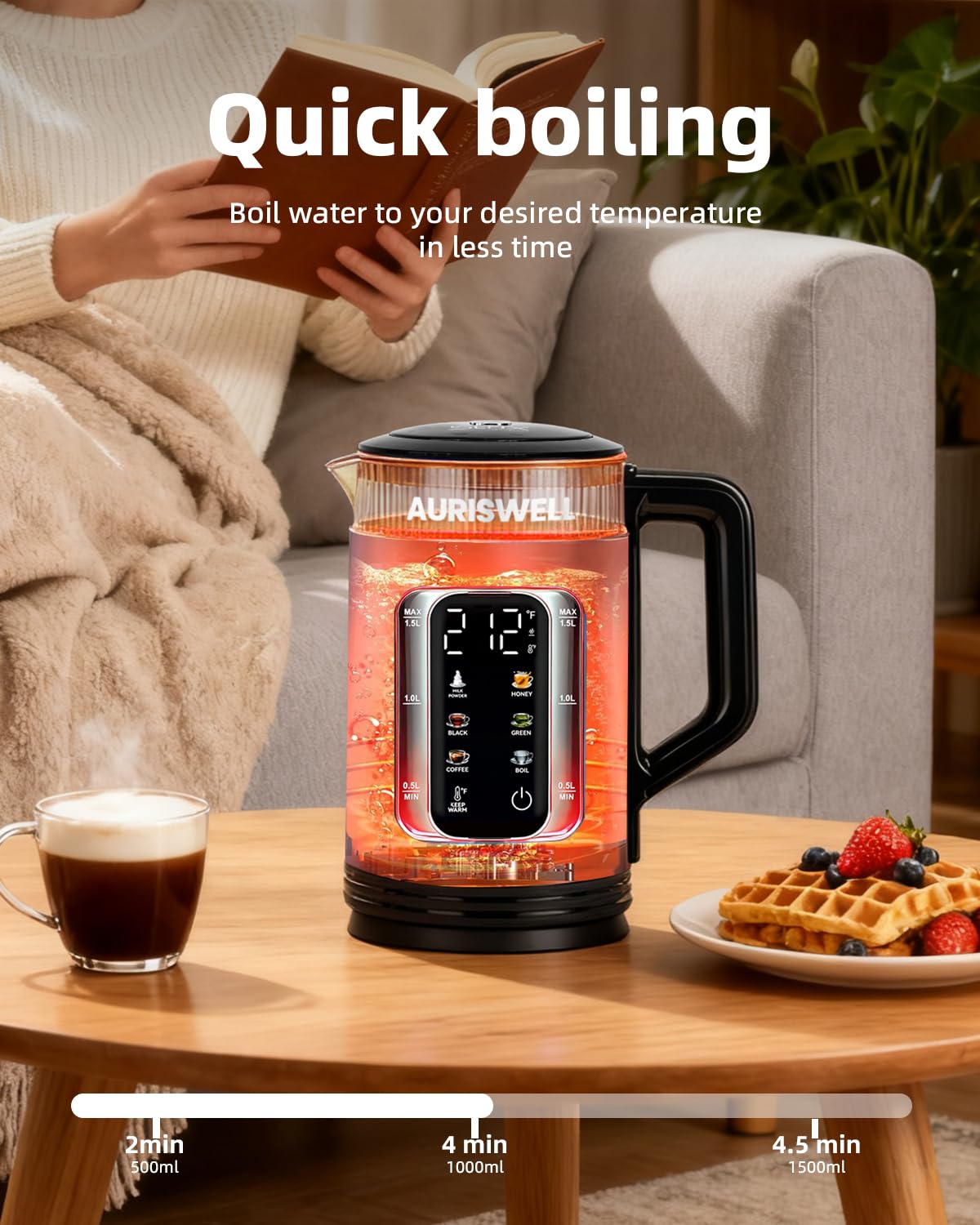 Auriswell Electric Tea Kettle with Temperature Control, Glass smart Water Boiler for Tea, Coffee & Boil, Automatic Shut Off, 12h Keep Warm & One-Touch 6 Presets