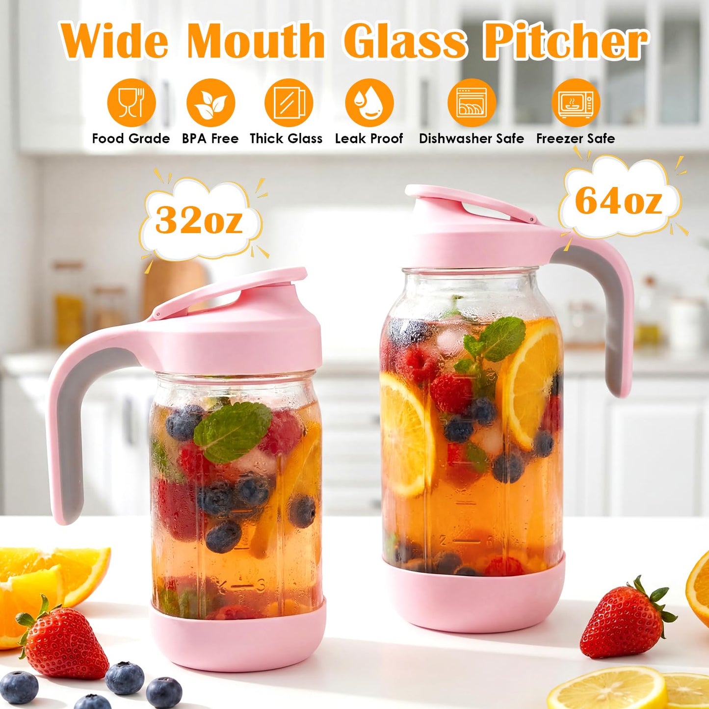 Sursip 64 oz Glass Pitcher with Pour Spout Lid, 2 Quart Mason Jar Pitcher for Fridge Airtight & Leakproof - Wide Mouth Non-Slip Water Pitcher for Cold Brew Coffee, Juice,Lemonade - Green