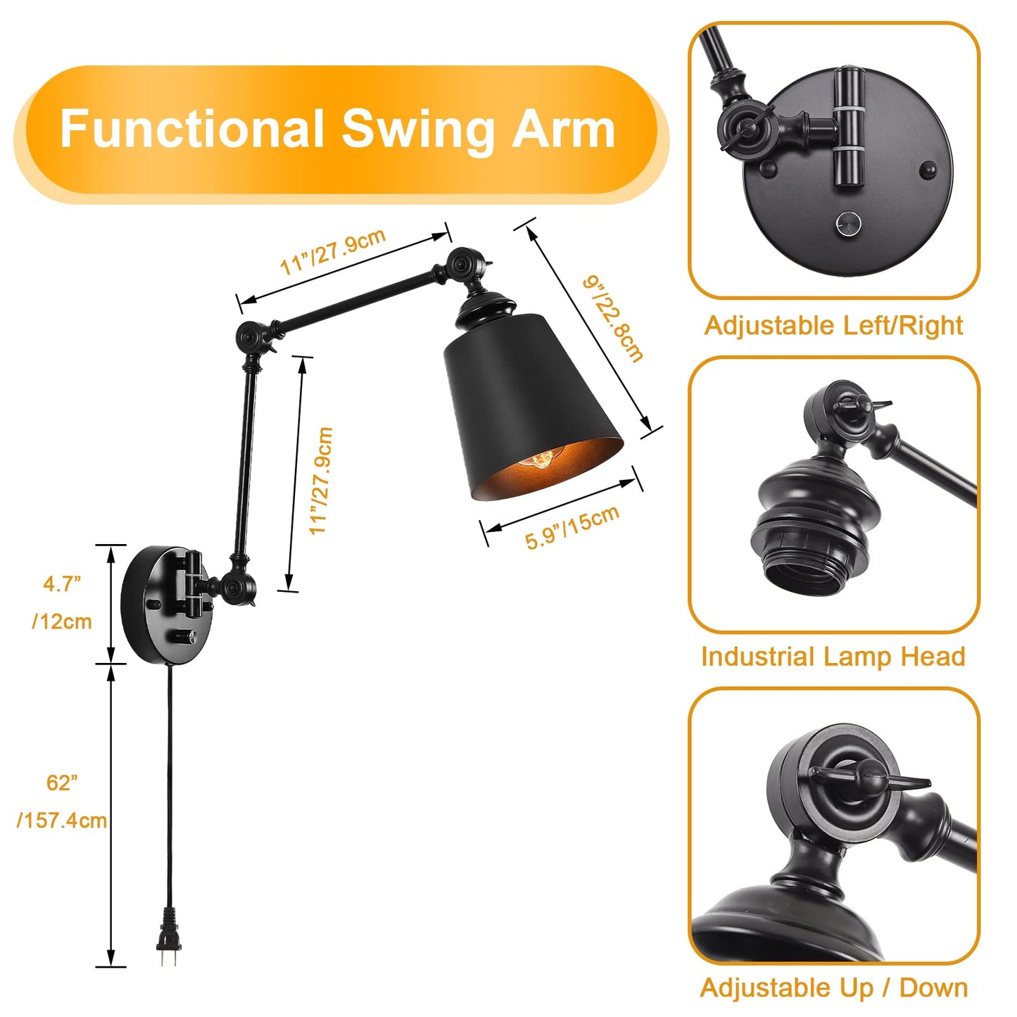 HOXIYA DIMMABLE Swing Arm Plug in Wall Lamps Set of 2, Plug-in Wall Sconce with Dimmer Switch Cord, Matte Black Metal Industrial Reading Light Fixture Wall Mounted for Bedside Bedroom Living Room