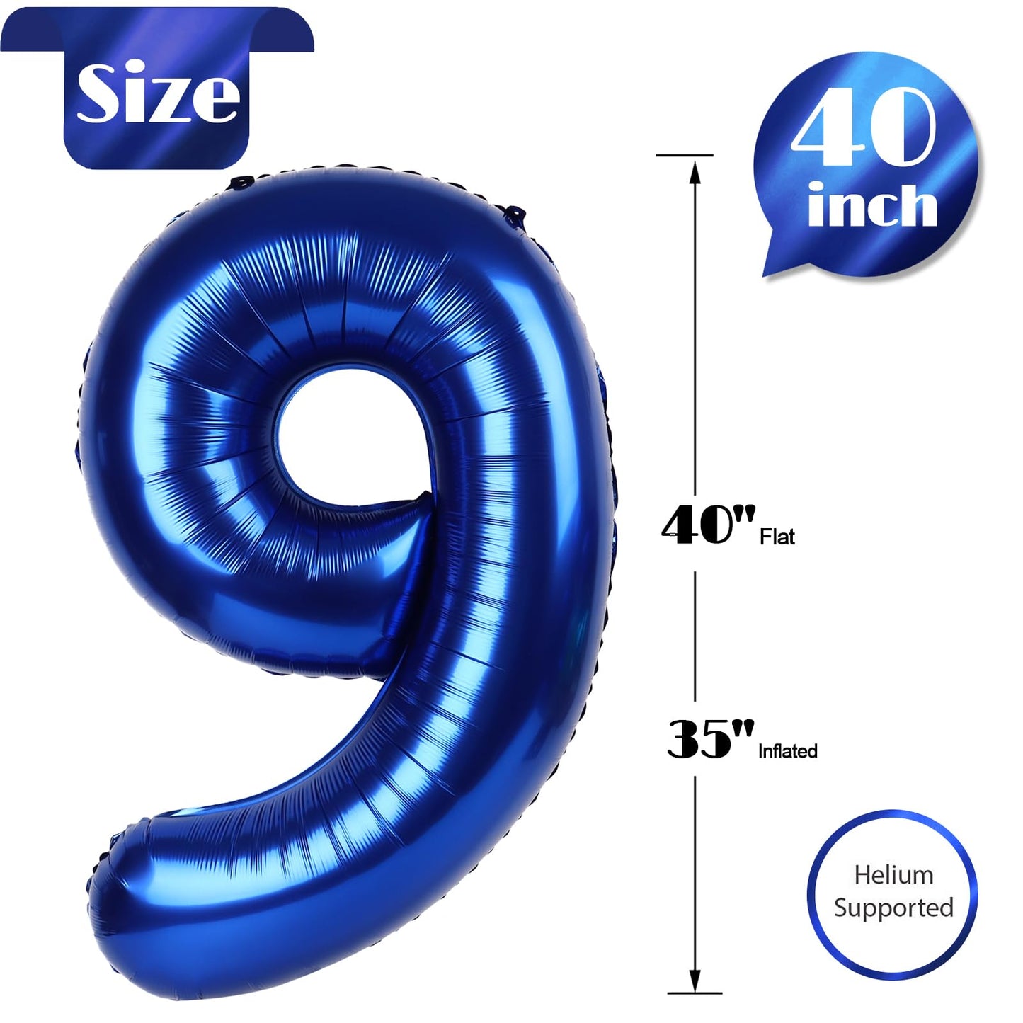 Night Blue 9 Balloon, Number Balloons 40 Inch, 9th Giant Birthday Decorations for Girls, 19th 29th Party Decorations Supplies, Number 9 Balloon