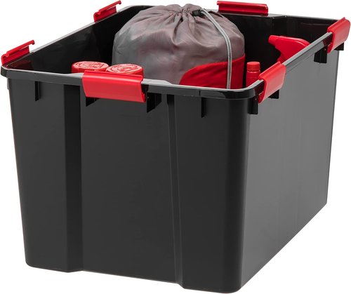 IRIS USA WeatherPro 74 Qt Storage Bins - BPA-Free Plastic with Tight Seal & Latch | Stackable Black/Red 4-Pack