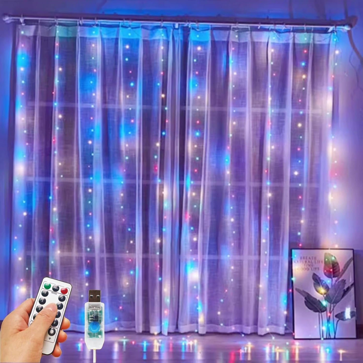 Skiennix 300 LED Fairy Curtain Lights - 9.8 x 9.8FT Warm White USB Plug with 8 Modes & Remote for Indoor/Outdoor Decor