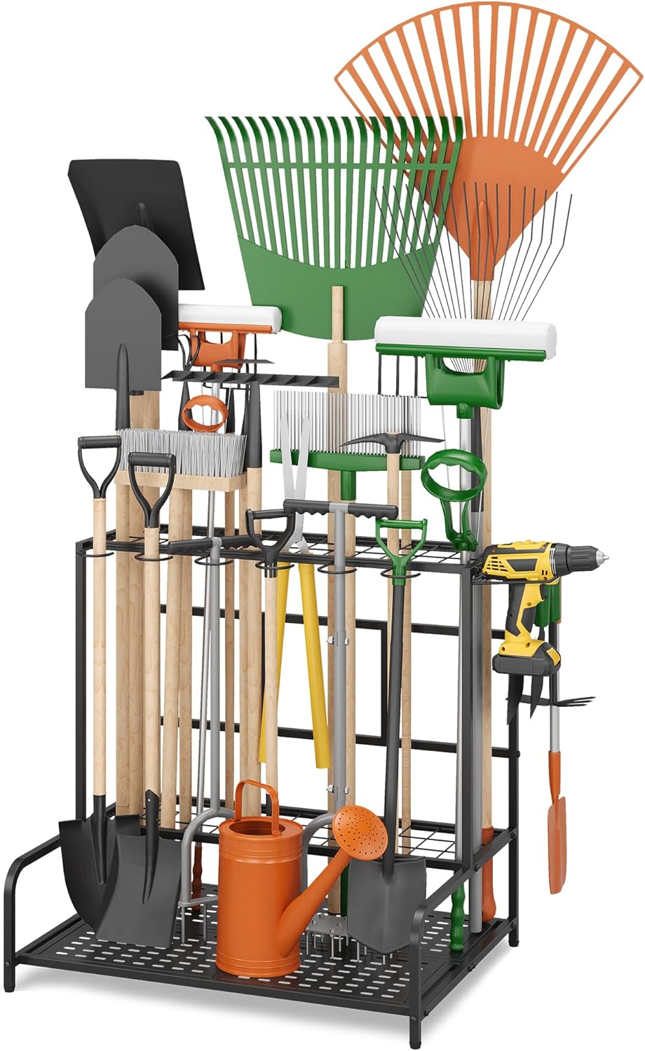 Sttoraboks Garden Tool Organizer Rack - Heavy-Duty Steel for Up to 39 Tools | 12 Hooks & Broom Holder, Black