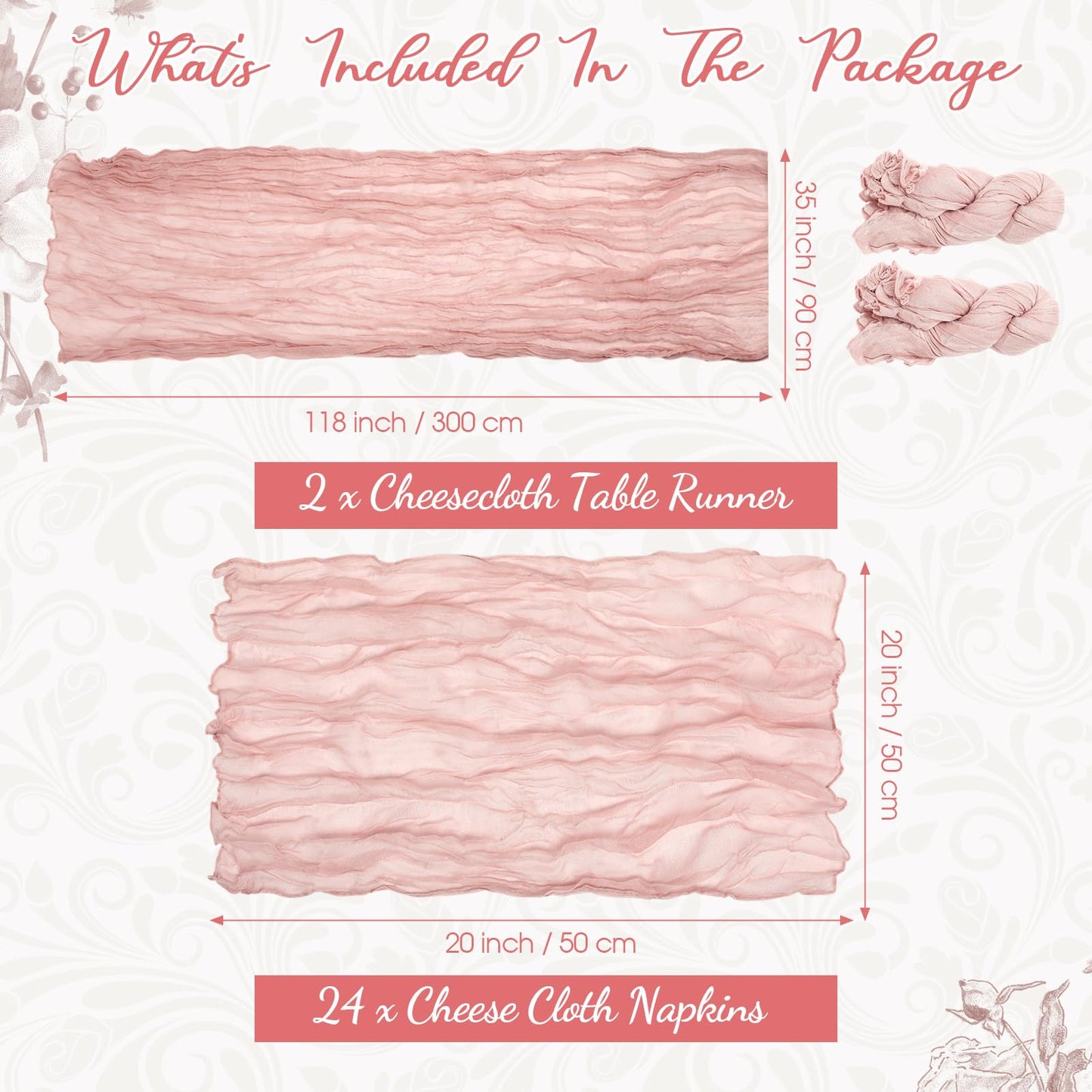 Windkream 2 Cheesecloth Table Runners and 24 Napkins Set, 10Ft Boho Cheese Cloth Table Runners 20 x 20 Inch Rustic Wrinkled Gauze Napkins for Wedding Birthday Baby Shower Party Decor (Dusty Pink)
