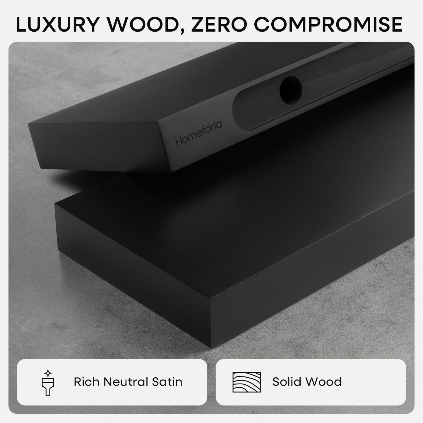 Homeforia 16 inch Black Floating Shelves, High End Solid Real Wood 16inch Bathroom Floating Shelves for Wall Mounted, 16in Wooden Small Floating Shelf, Heavy Duty Bracket, 16 X 6.5 X 1.75 in, Set of 2