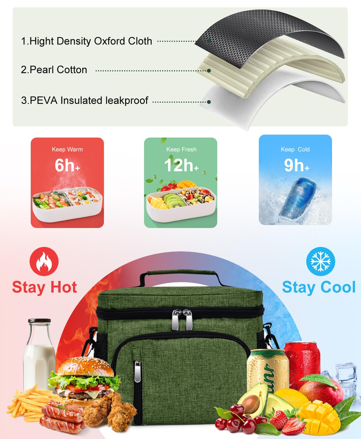 MIAOJIE Insulated Lunch Bag for Men & Women, 9L Leakproof Lunch Box Soft Cooler Tote with 5 Pockets, 600D Oxford, EVA Lining, Adjustable Strap for Work, Picnic, Beach&Travel-Green