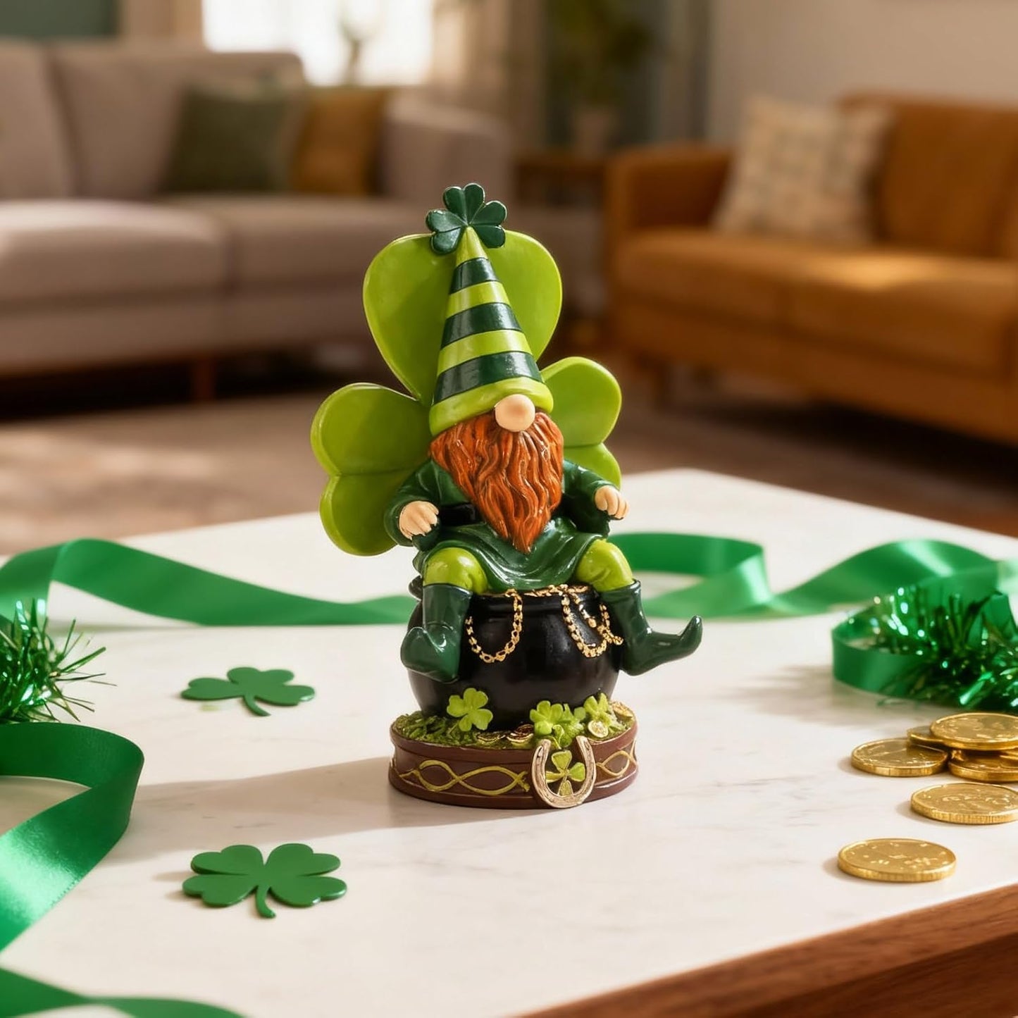 Skiennix St. Patrick's Day Gnome Decorations - Resin Leprechaun Pot of Gold Figurines | Green Indoor Centerpieces