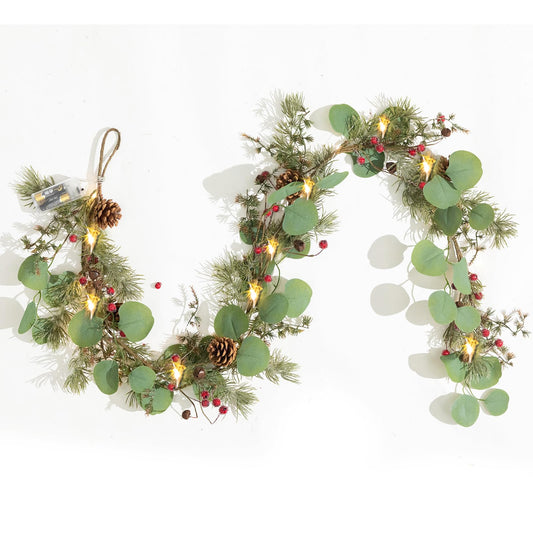 LOHASBEE Christmas Garland, 5FT Natural Eucalyptus and Pine Christmas Garland with Red Berries and Pinecones - Perfect Festive Decoration for Your Home