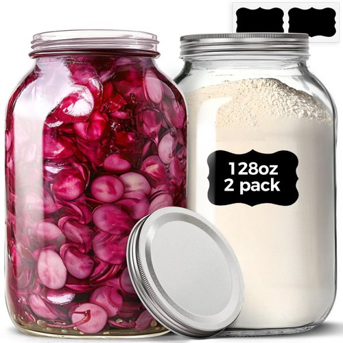 ComSaf 1 Gallon Wide Mouth Mason Jars 2 Pcs, 128 oz Glass Jars with Lids, Flour Sugar Storage Containers, Large Glass Containers for Pickles, Fermented Food, Sourdough Starter, Food Storage