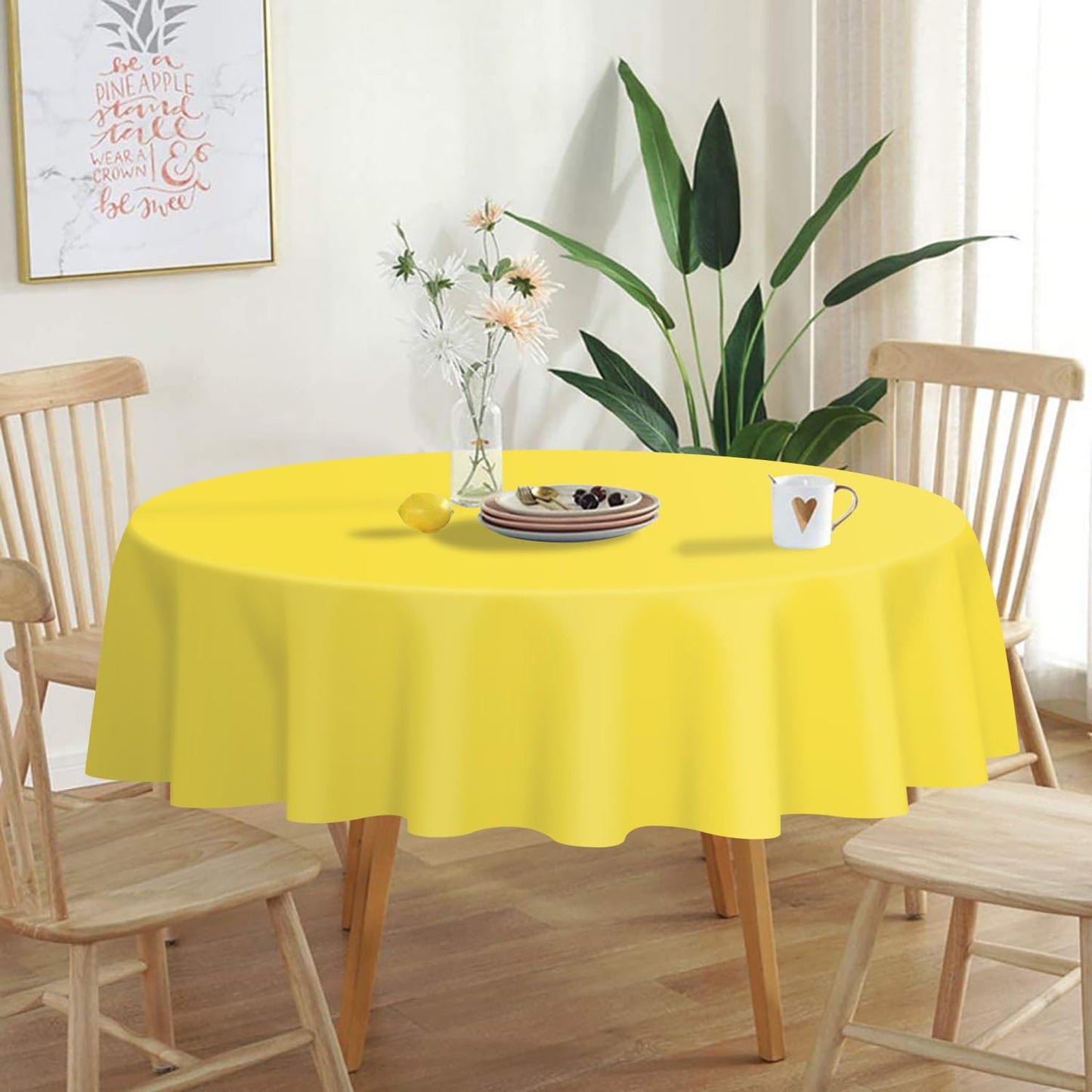 QIKSION Yellow Round Tablecloth 2 Pack, 84 Inch Plastic Table Cover Disposable for Parties