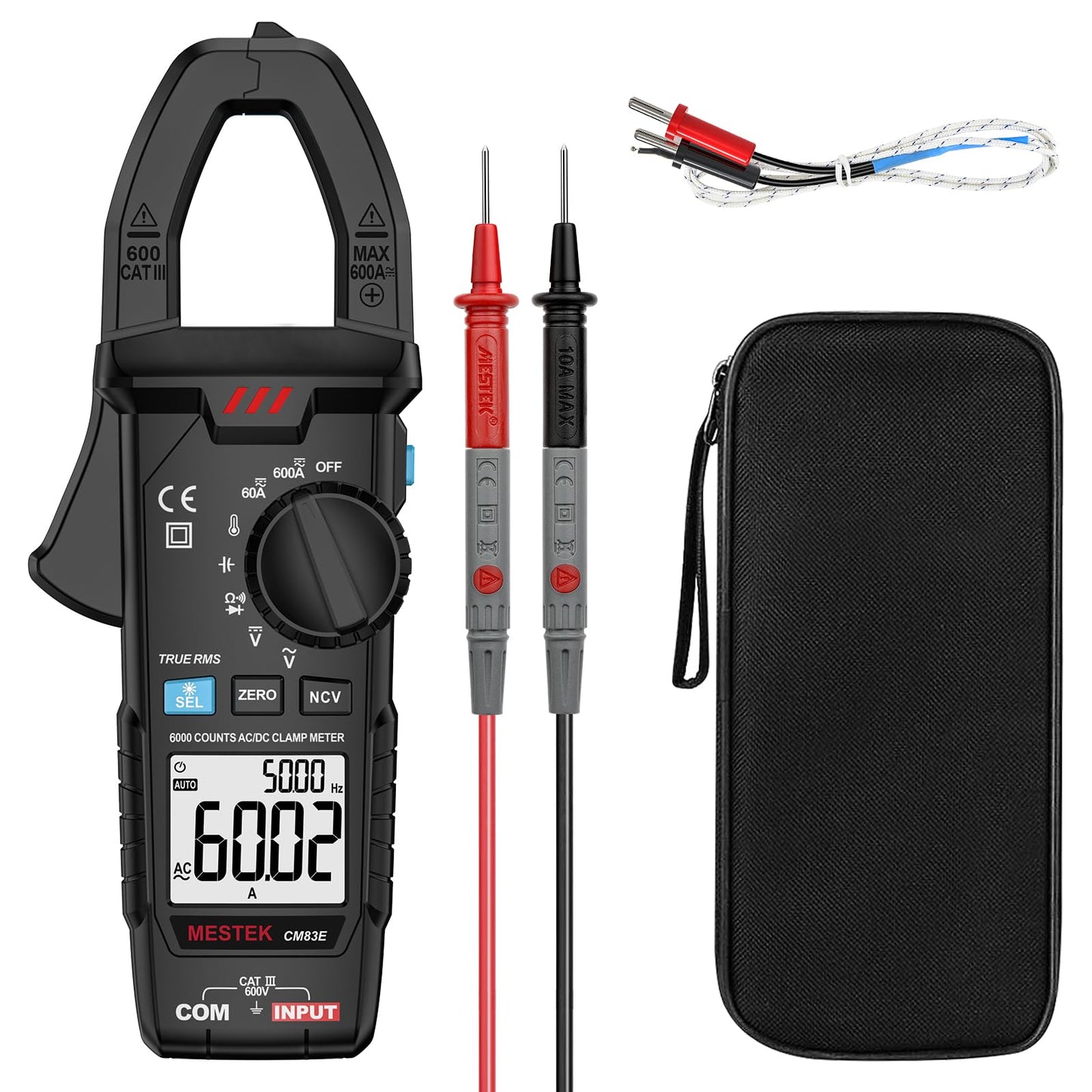 MESTEK Digital Clamp Meter Multimeter, TRMS 6000 Counts 600A Current Amp Volt Meter, Auto-Ranging Voltage Tester Measures AC DC Current Voltage Resistance Capacitance Temperature Diodes Continuity NCV