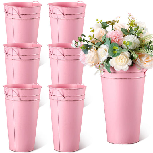 Irenare 12 Inch Vintage Galvanized Flower Bucket Metal Flower Vase Farmhouse French Bucket Planter Metal Floral Container for Party Table Centerpiece Weddings Home(Pink,6 Pcs)