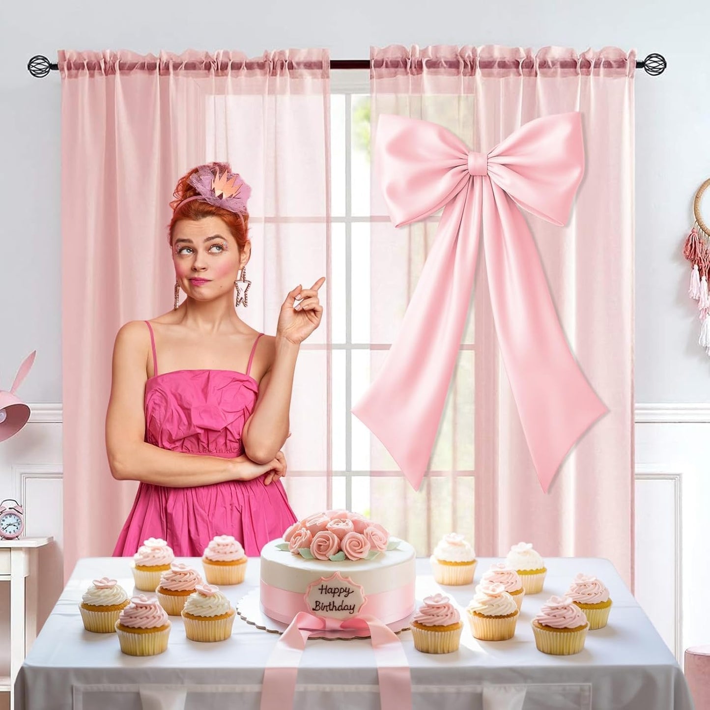 Skiennix Pink Bow Decor - 2 Pack Large & Small Coquette Wall Backdrop for Valentine's Day & Weddings