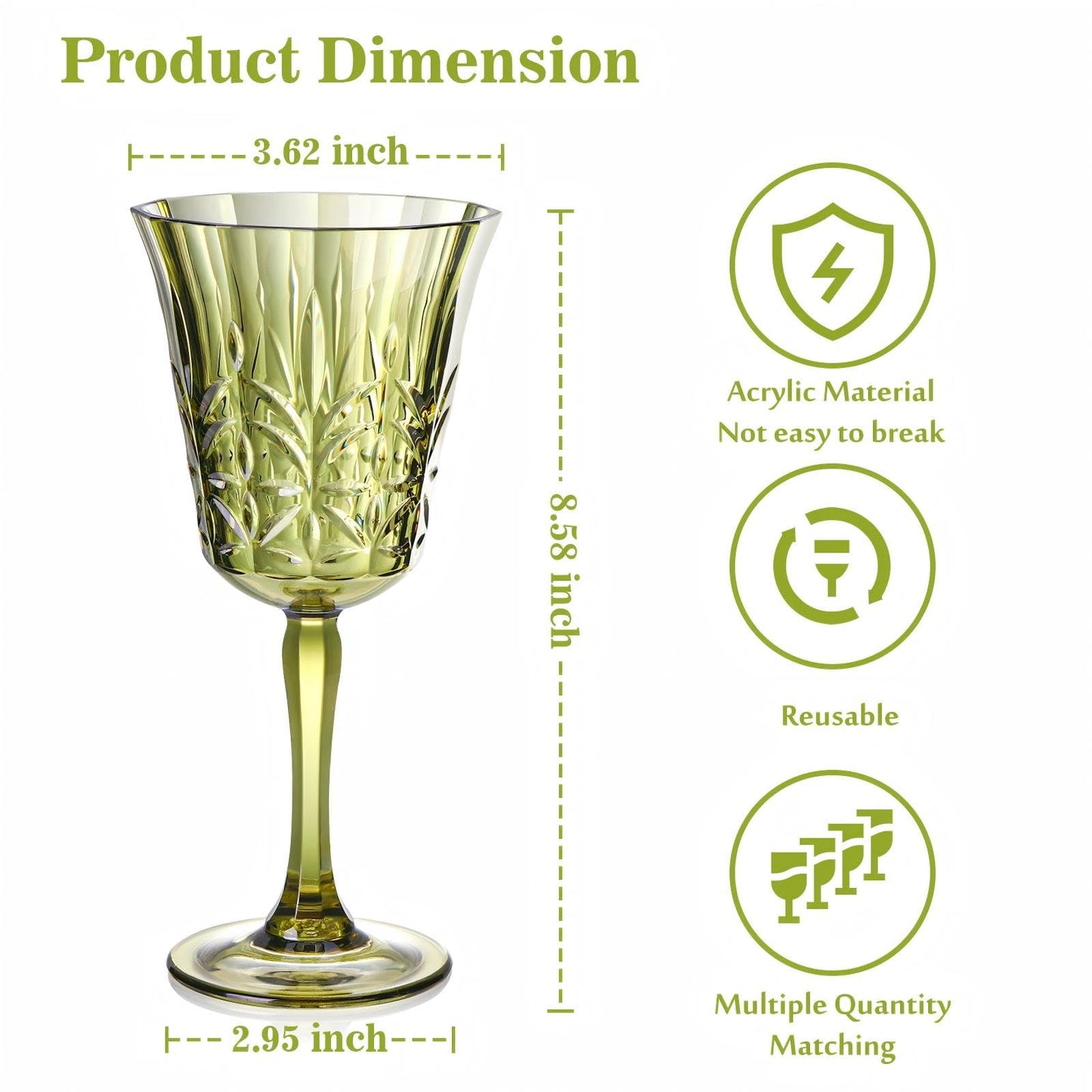 10oz Green Plastic Wine Glasses Goblets Stemmed Wine Glasses Set of 12 Shatterproof and Reusable Crystal Glasses Set for Wedding Reception Grand Event Party Ceremony (12, Green)