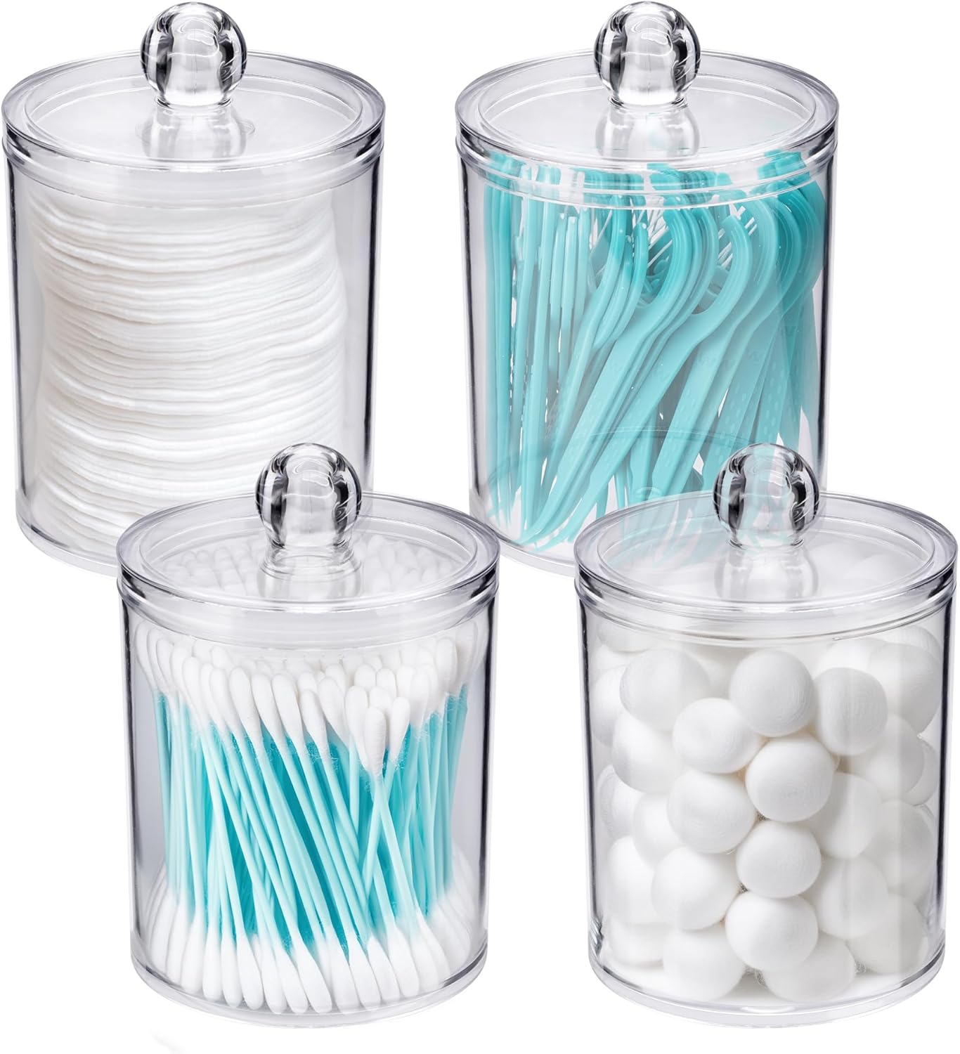WEISHI Qtip Holder Dispenser - Clear Plastic Apothecary Jar for Cotton Balls, Swabs & Pads | 4 Pack