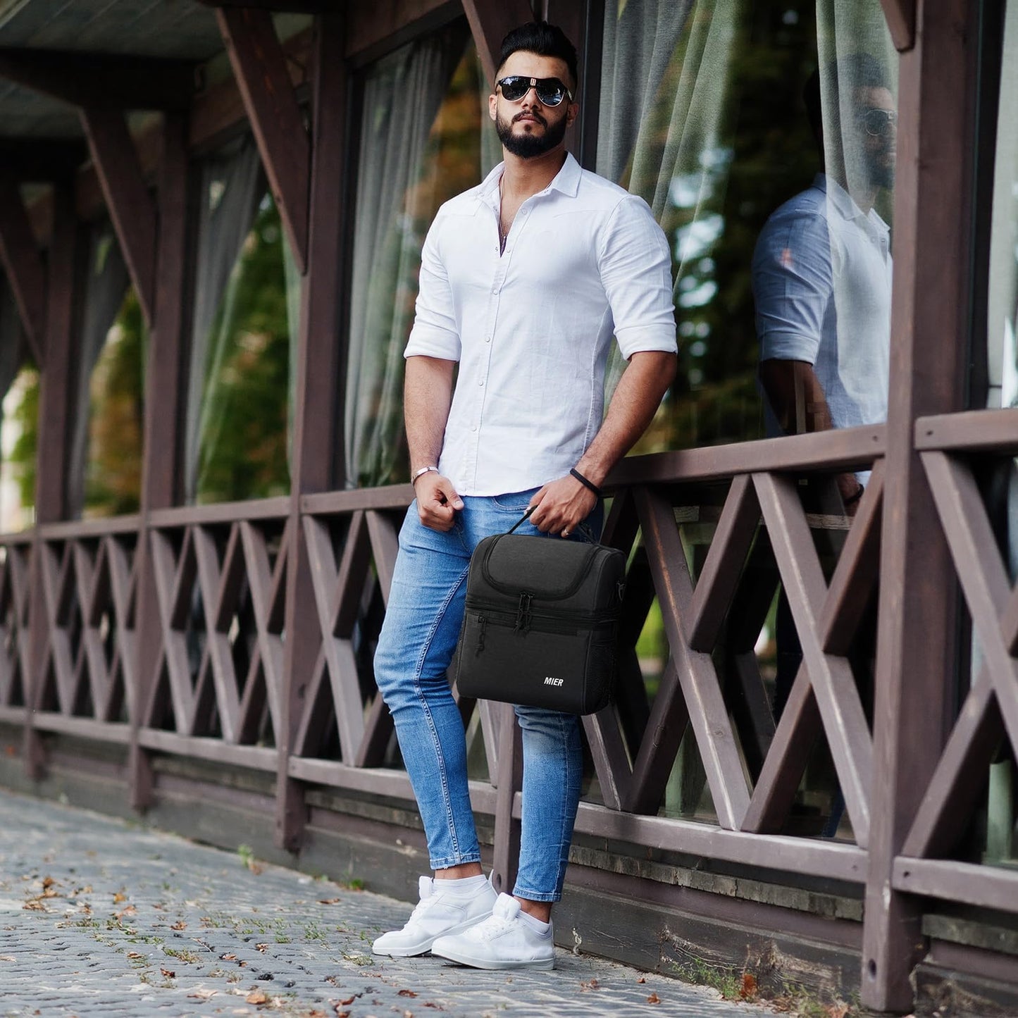 MIER 2 Compartment Lunch Bag for Men Women, Leakproof Insulated Cooler Bag for Work, Dark Grey, Medium