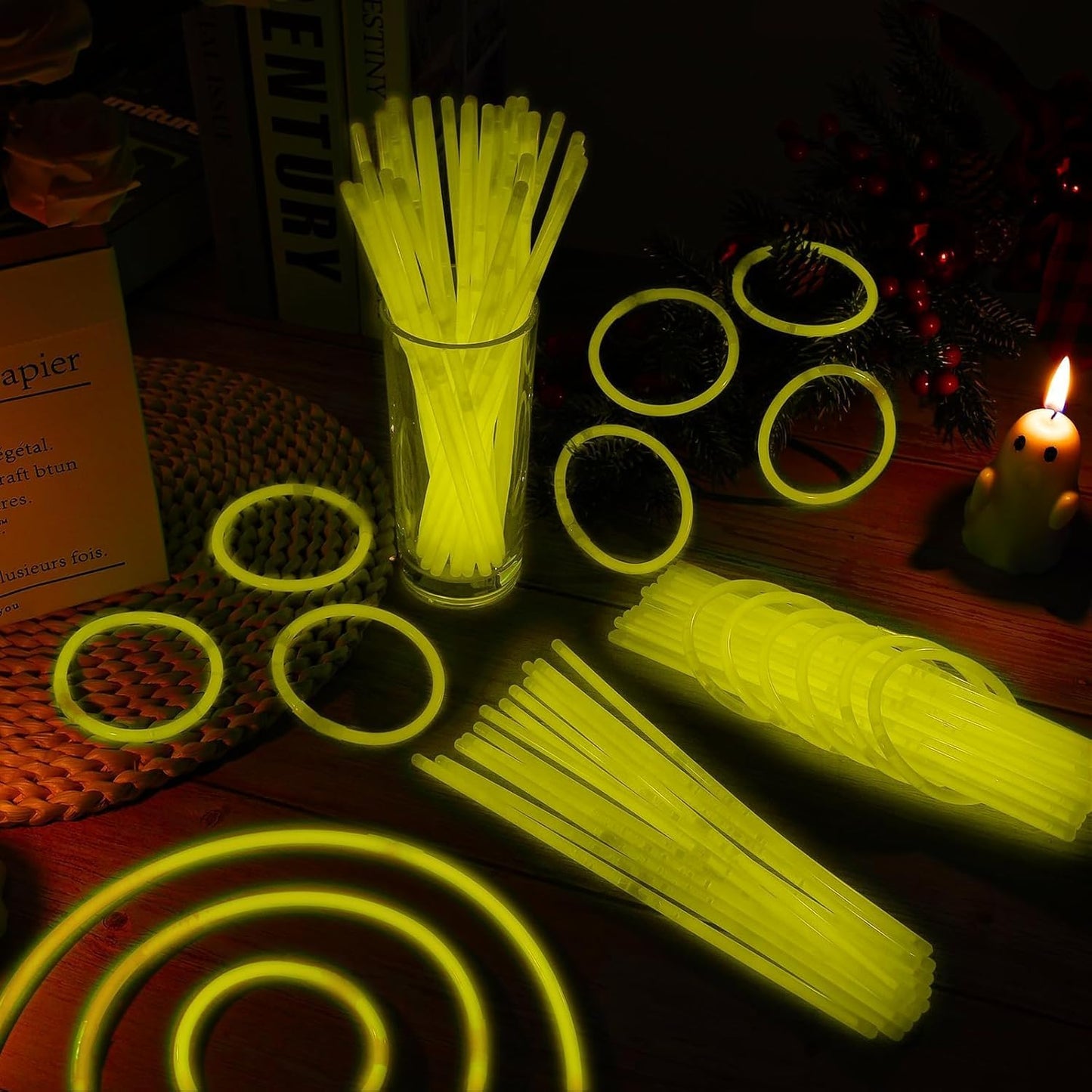Skiennix 200-Pack 8'' Glow Sticks - Neon Yellow Light-Up Party Favors with Connectors for Birthdays & Holidays