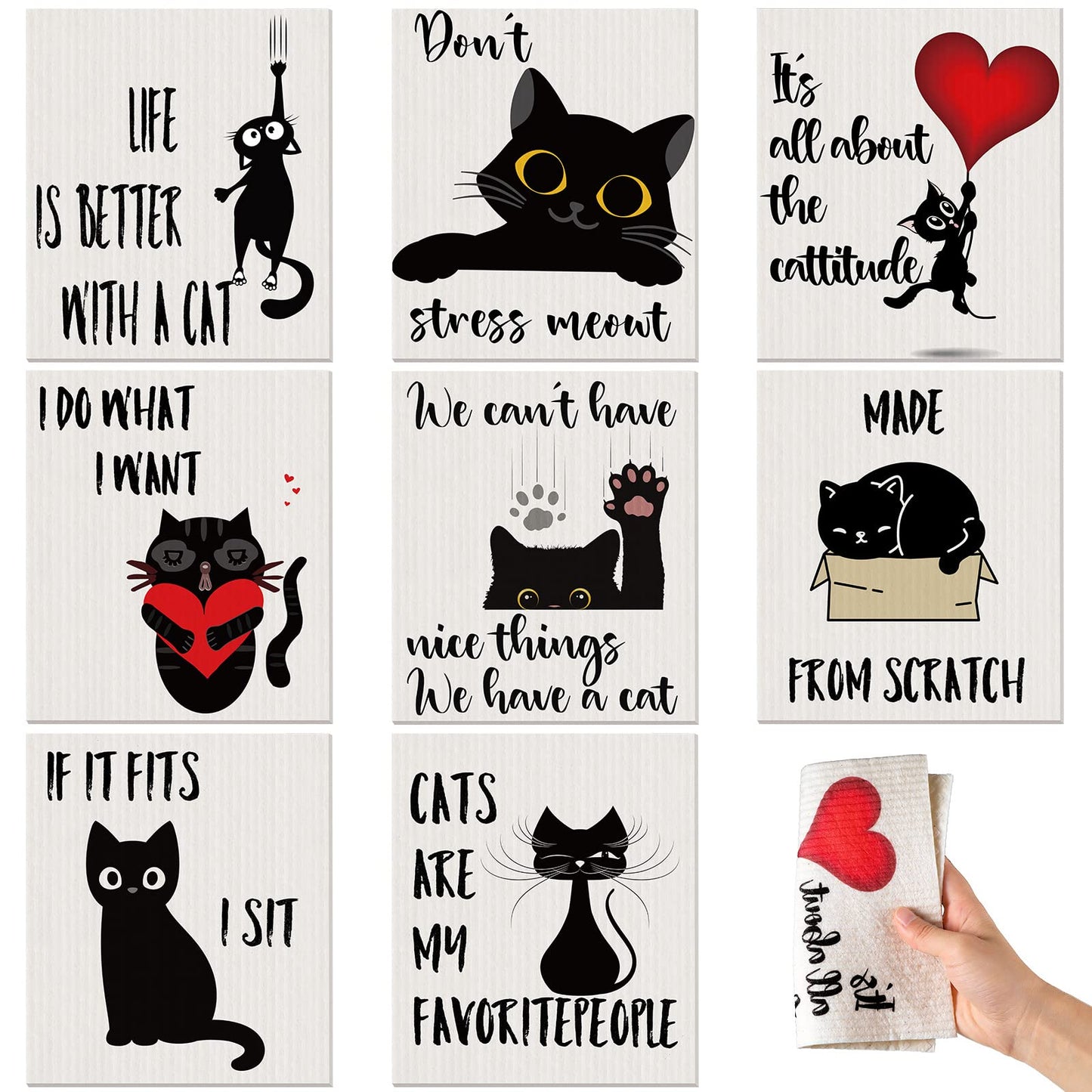 Funtery 8 Pcs Black Cat Swedish Kitchen Dishcloths Reusable Swedish Absorbent Sponge Cloths Washable Kitchen Dish Towel Quick Drying Decorative for Animal Lover Gifts for Women Hand Towel
