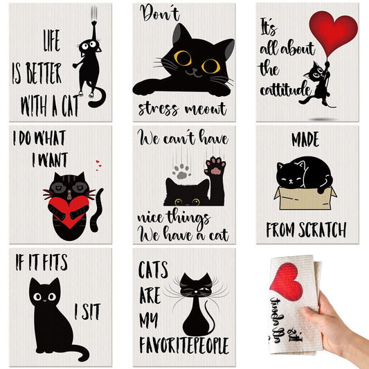 Funtery 8 Pcs Black Cat Swedish Kitchen Dishcloths Reusable Swedish Absorbent Sponge Cloths Washable Kitchen Dish Towel Quick Drying Decorative for Animal Lover Gifts for Women Hand Towel