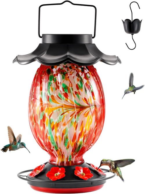 HouseSapp Solar Hummingbird Feeder - 49 Fl. Oz Color Changing Hand Blown Glass - 7 Feeding Ports & Perch
