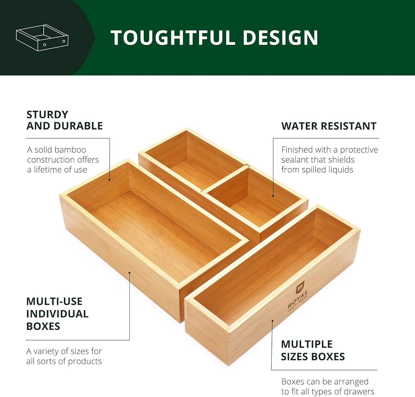 Royal Craft Wood Luxury Bamboo Drawer Organizer Set - Multi-Use Storage for Kitchen, Bathroom, Office (3 Boxes)