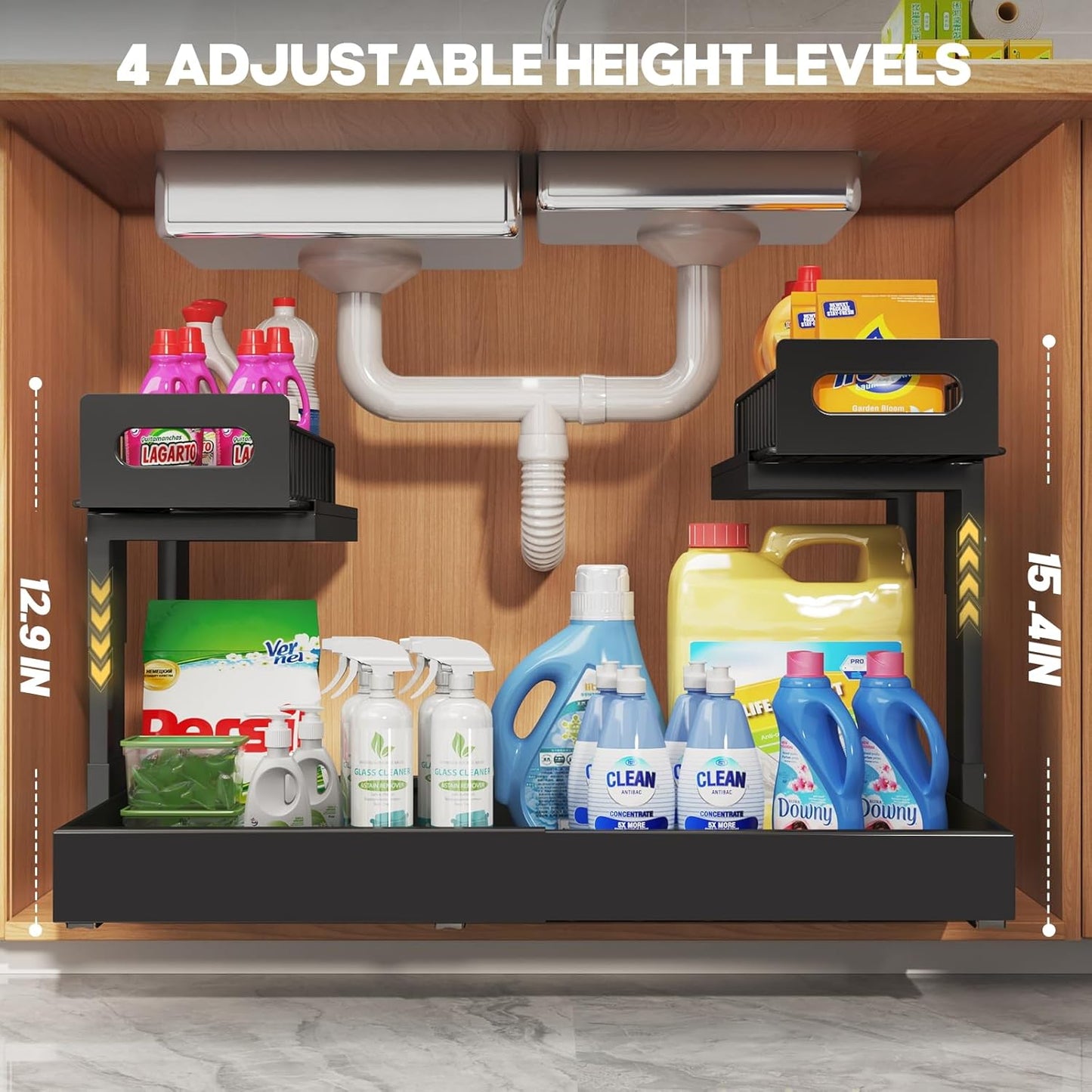 Skiennix Expandable Under Sink Organizer - 2-Tier Adjustable Storage with Ball-Bearing Slides | Black