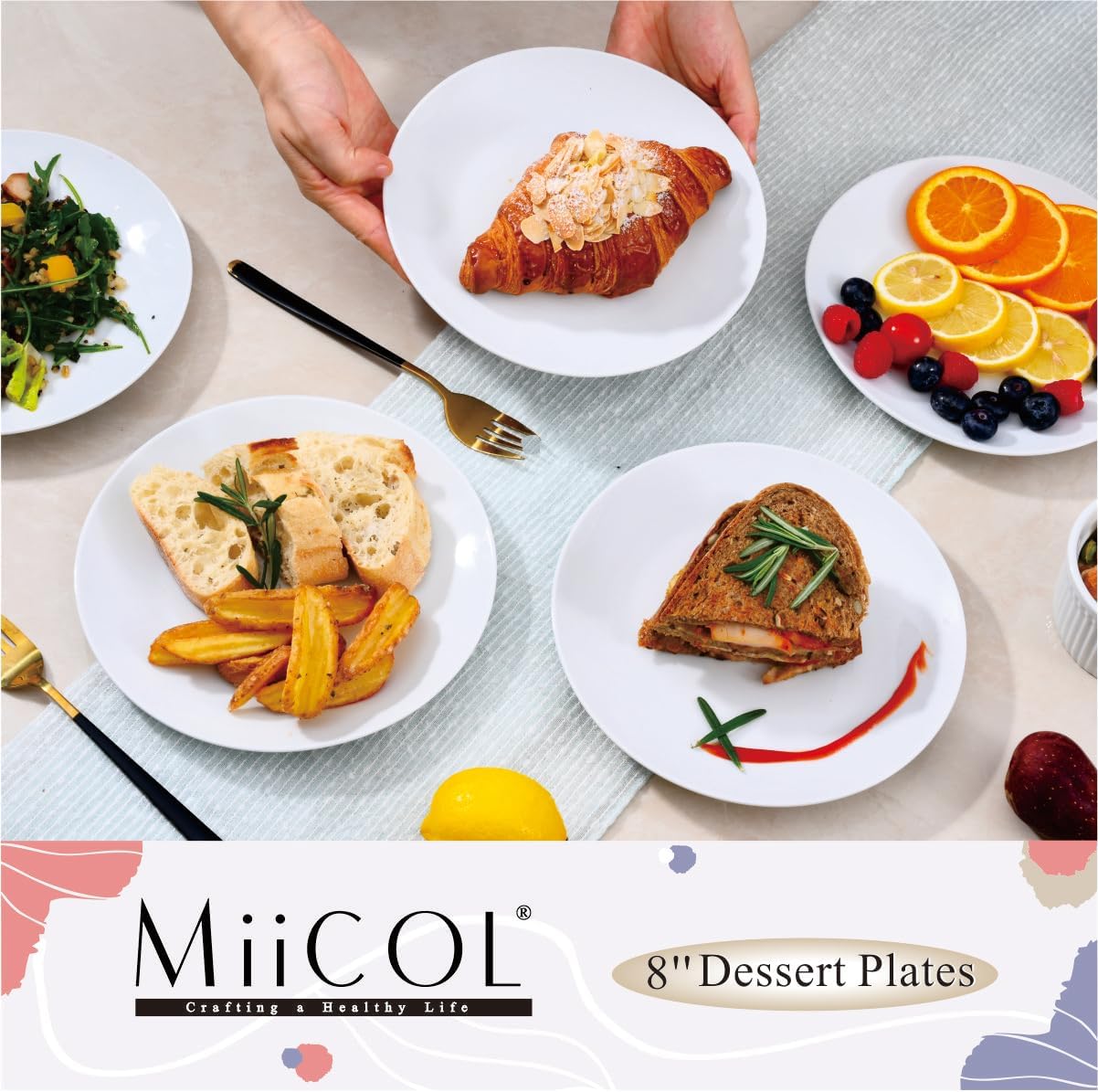 Miicol Ceramic Appetizer Plates - Set of 6 White 8-Inch Porcelain Dessert Plates | Modern Round Design, Microwave & Dishwasher Safe
