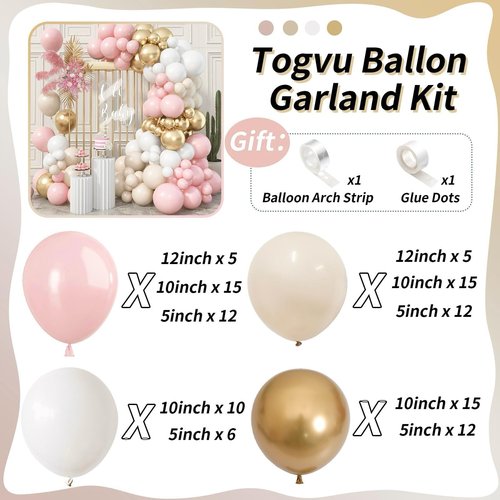 Dusty Pink Beige Gold Boho Balloon Garland Arch Kit, Neutral Blush Nude Tan Champagne Gold Double Stuffed Balloon Arch Kit for Women Birthday Wedding Baby Bridal Shower Engagement Party Decorations