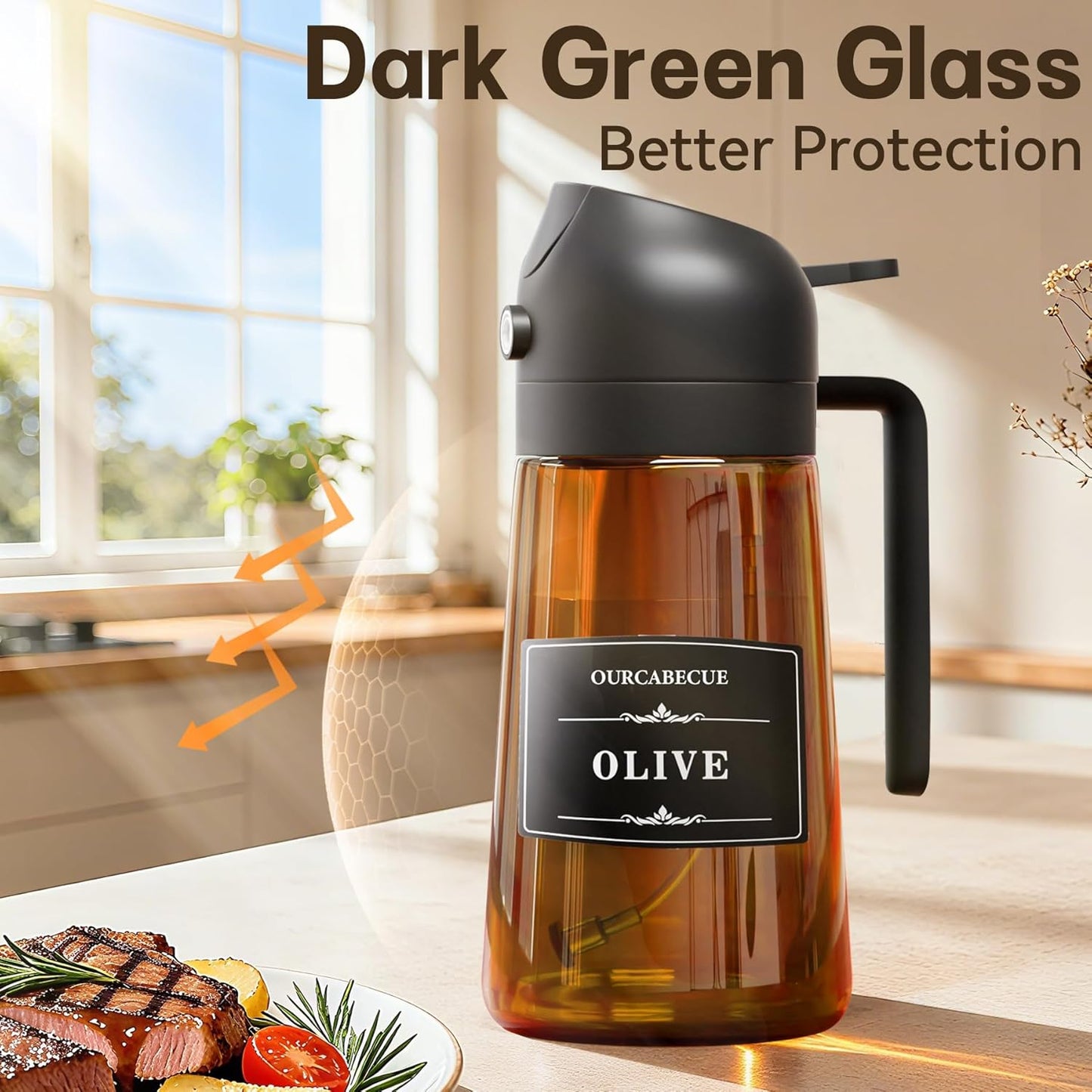 OURCABECUE Olive Oil Sprayer - 2 in 1 Cooking Dispenser Bottle, 16oz Food-Grade Glass with Stickers