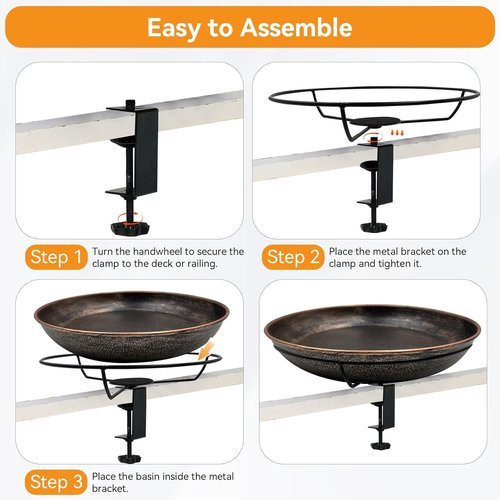 Deck Mounted Bird Bath - Easy to Clean Metal Birdbath with Detachable Bowl | 0.7 Gallon Capacity for Outdoor Decor