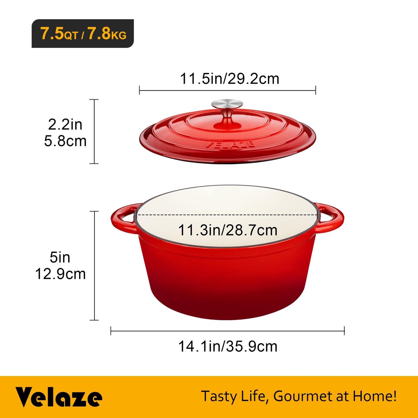 Velaze 7.5 QT Dutch Oven Pot with Lid, Enameled Cast Iron Dutch Oven with Dual Handles for Sourdough Bread Baking, Cooking, Non-stick Enamel Coated Cookware (RED)