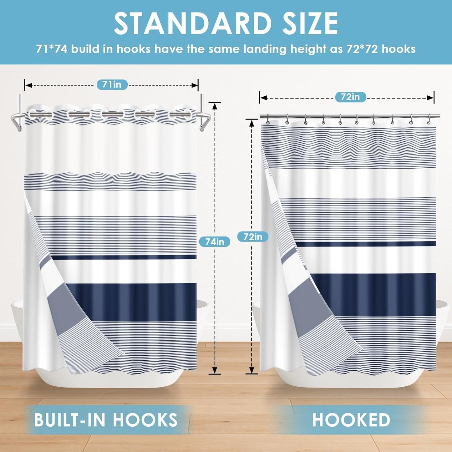 No Hook Navy Blue Shower Curtain - Boho Striped Waterproof Fabric with Snap-In Liner | 71x74 Inch