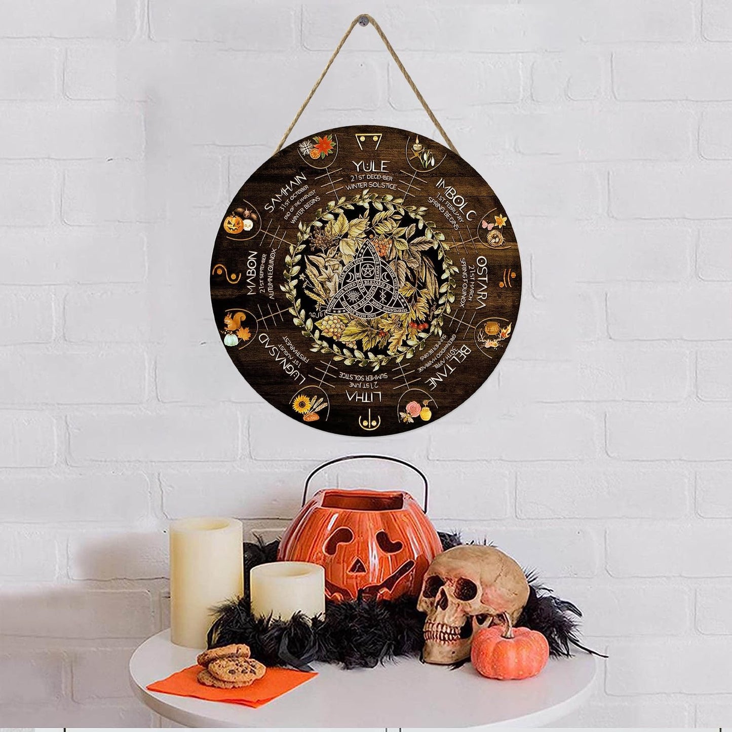 Wheel Year Wood Sign - Sabbats Pagan Witch Decor | Wiccan Calendar for Yule & Halloween | 12x12 Inch