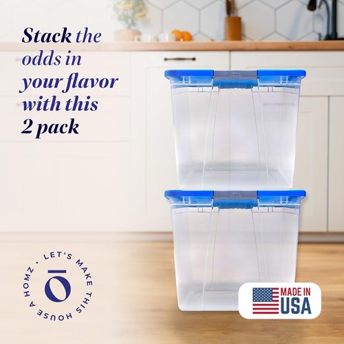 HOMZ Clear Plastic Storage Organizer Bins - 64 Quart Stackable Containers with Secure Latch & Blue Lid