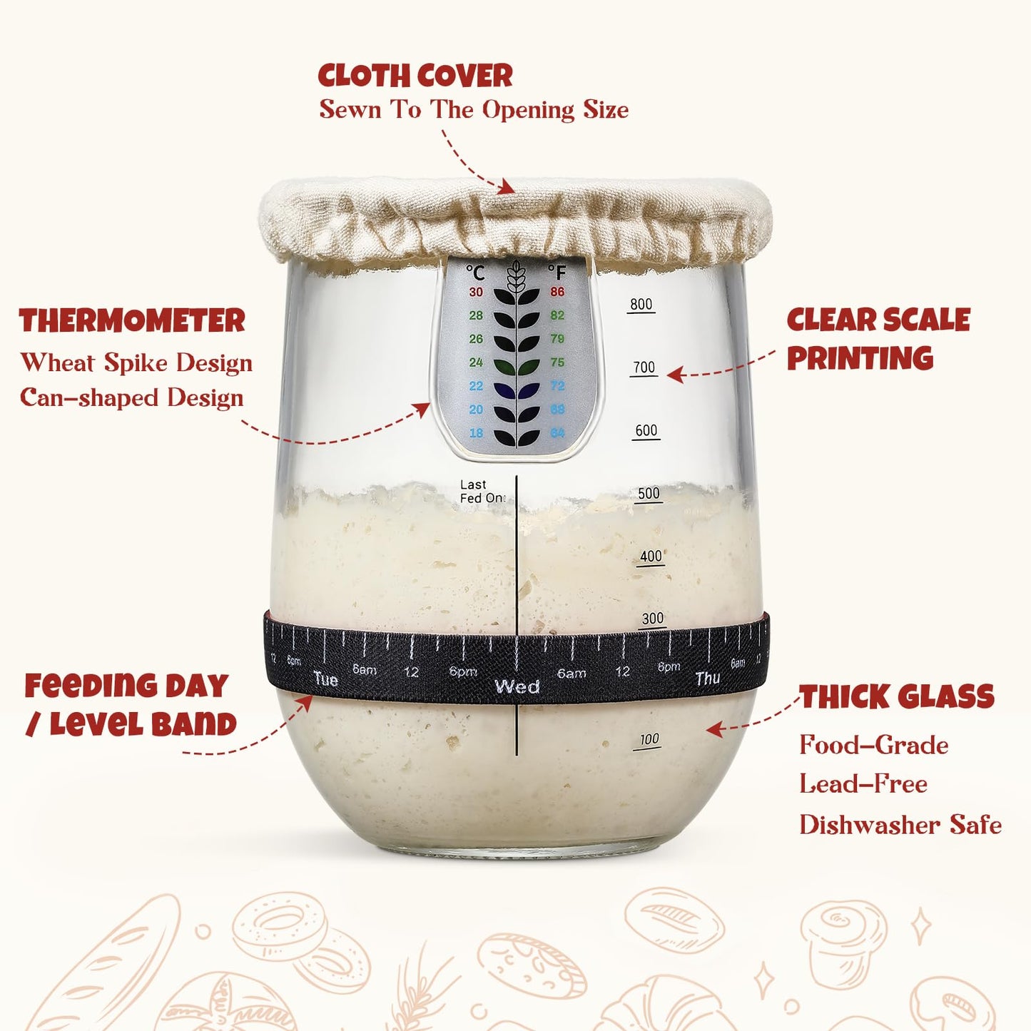 Snuvid 1 L (34 oz) Sourdough Starter Jar Kit, Wide Mouth Potbelly Crock - Glass Sour Dough Starter Bread Jar Set - Sourdough Baking Supplies - Sour Dough Bread Accessories Gifts for Sourdough Lovers