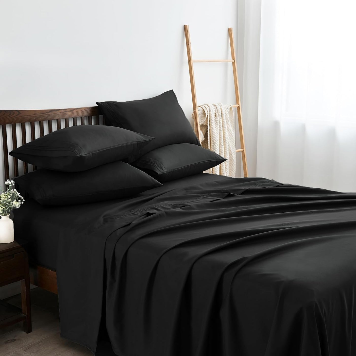 LINENLINE Full Sheet Set - Soft & Breathable Bamboo Rayon | 6-Piece Cooling Sheets, 16" Deep Pocket, Black