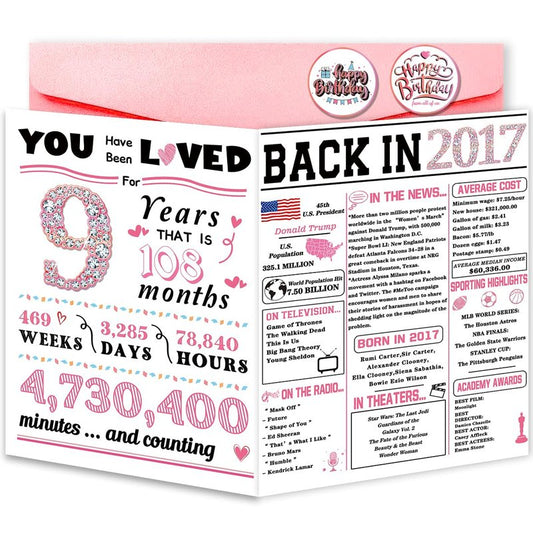 ATTLVV 9th Birthday Card, 9th Birthday Decorations for Girls,Happy 9th Birthday Gifts for Daughter,Cute 9 Year Old Birthday Gift Cards for Granddaughter