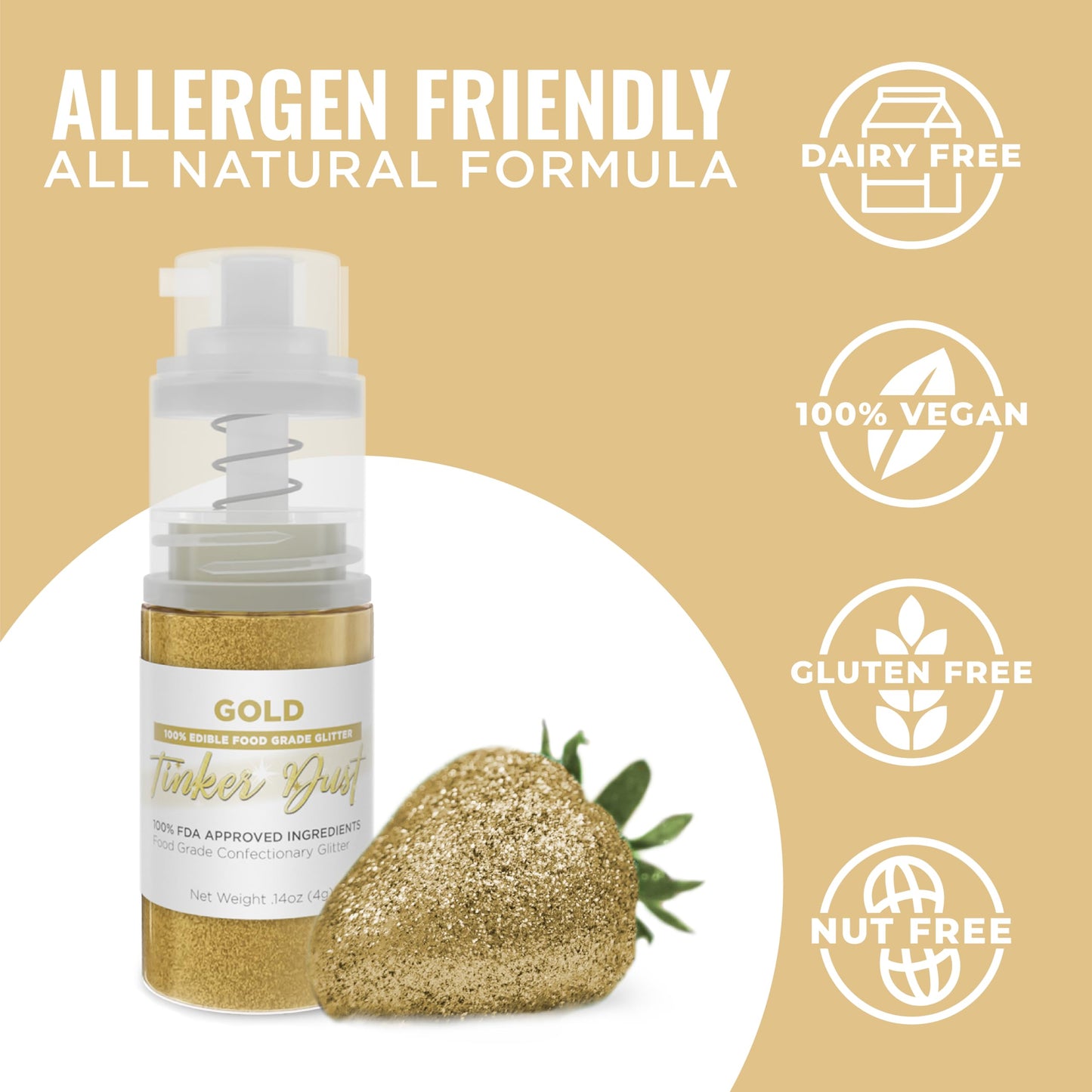 Bakell - Gold Tinker Dust (4g, 1x Mini Spray Pump) Edible Glitter for Food, Desserts, and Beverages!