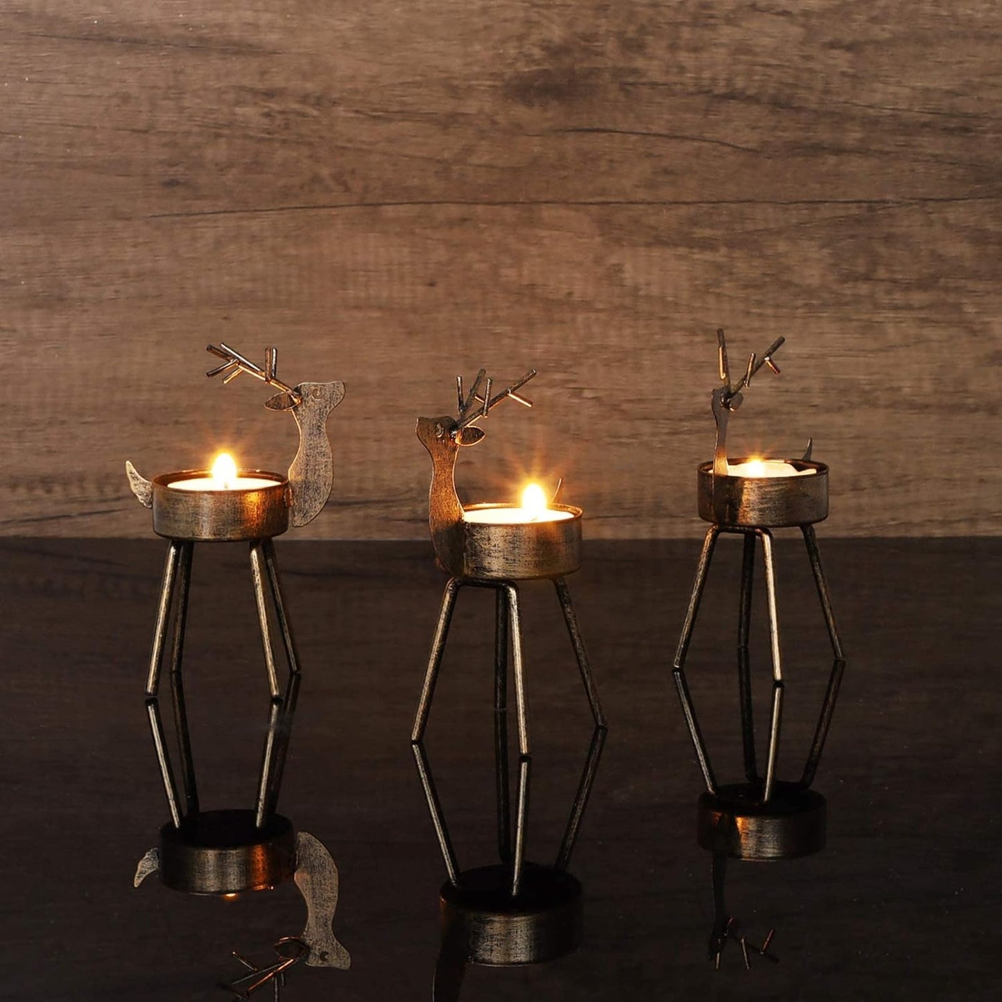 Juegoal Reindeer Tealight Candle Holders - Set of 6 Rustic Bronze Iron Metal Christmas Decorations | Durable Holiday Centerpiece