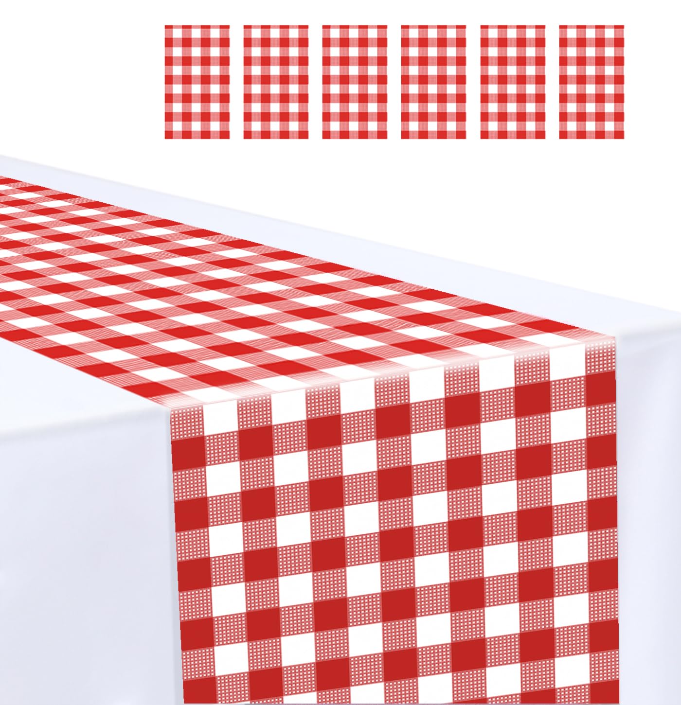 MUNILAIL 6 Pcs Red and White Checkered Table Runner Plastic 14 x 108 Disposable Gingham Table Runner for Birthday Wedding Baby Shower Christmas Party Table Centerpiece Decorations