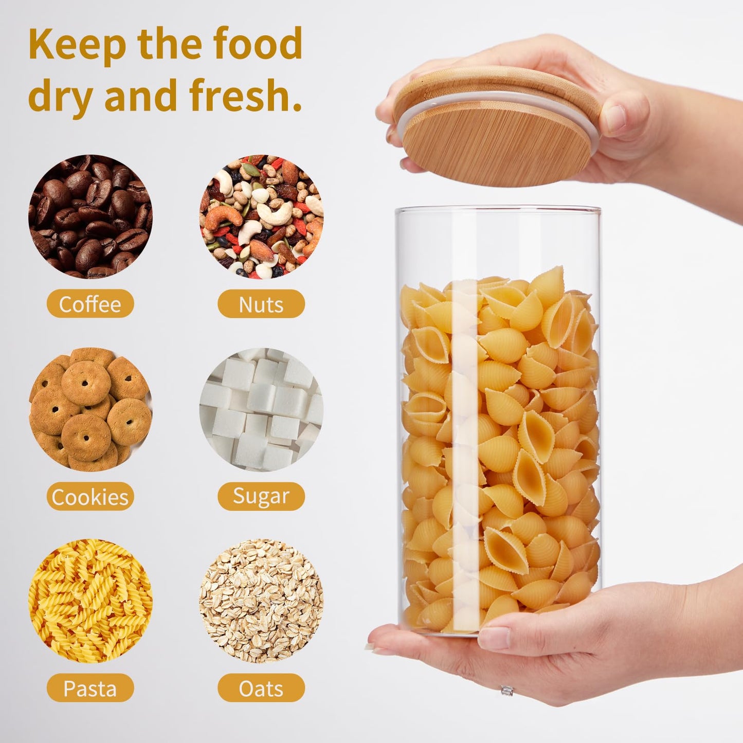 Spreccio Glass Food Storage Jars with Lids[Set of 5], Perfect for Pasta, Cookies, Nuts, Coffee, Cereal, Flour, and More, Organize Your Kitchen and Pantry with these BPA-Free Glass Canisters
