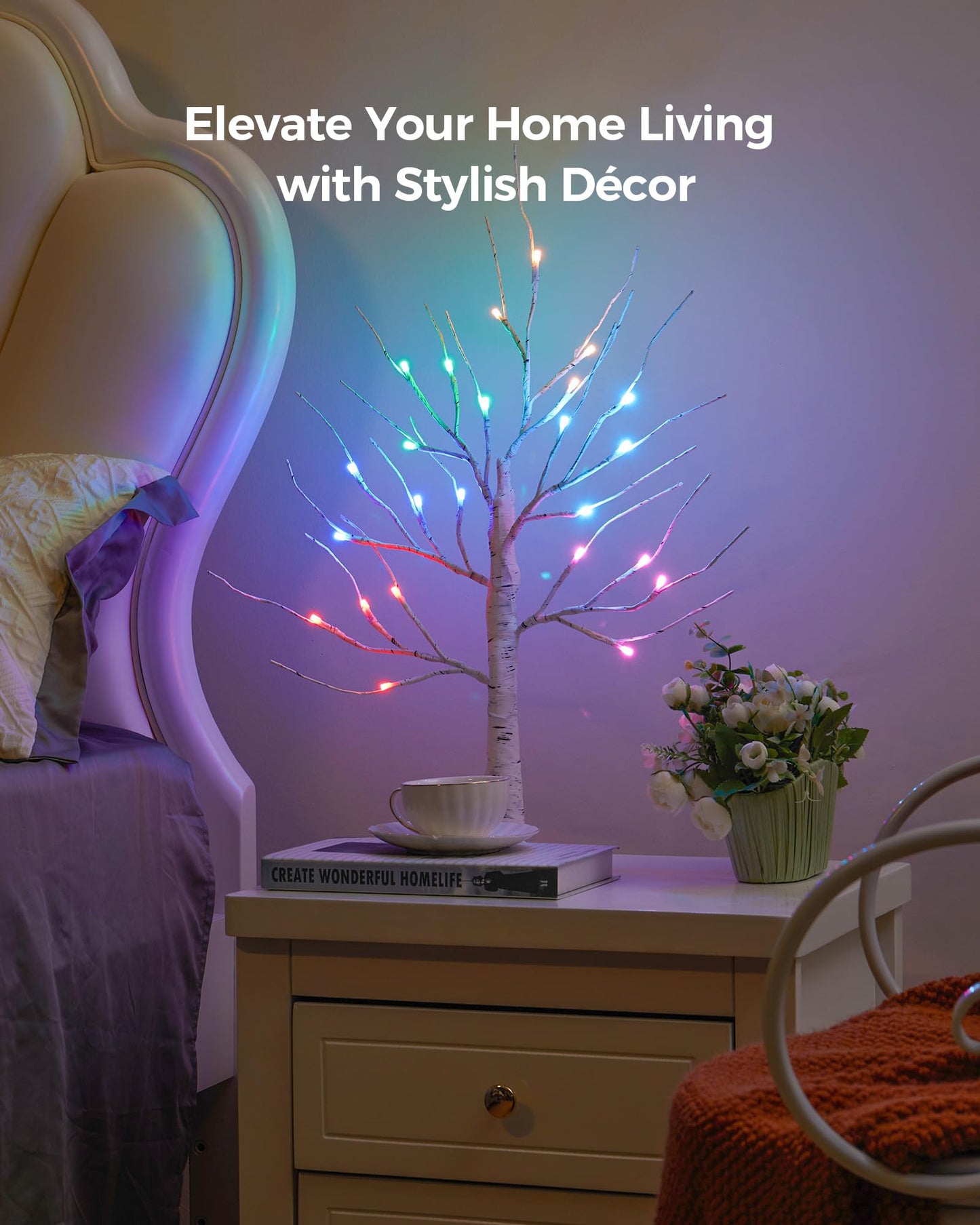 Ariceleo 2FT Lighted Birch Tree with RGB LED Lights, USB Powered, Timer & APP Control, 24 LED, Tabletop Decor for Christmas, Thanksgiving, Holiday Decorations – Indoor & Outdoor Use