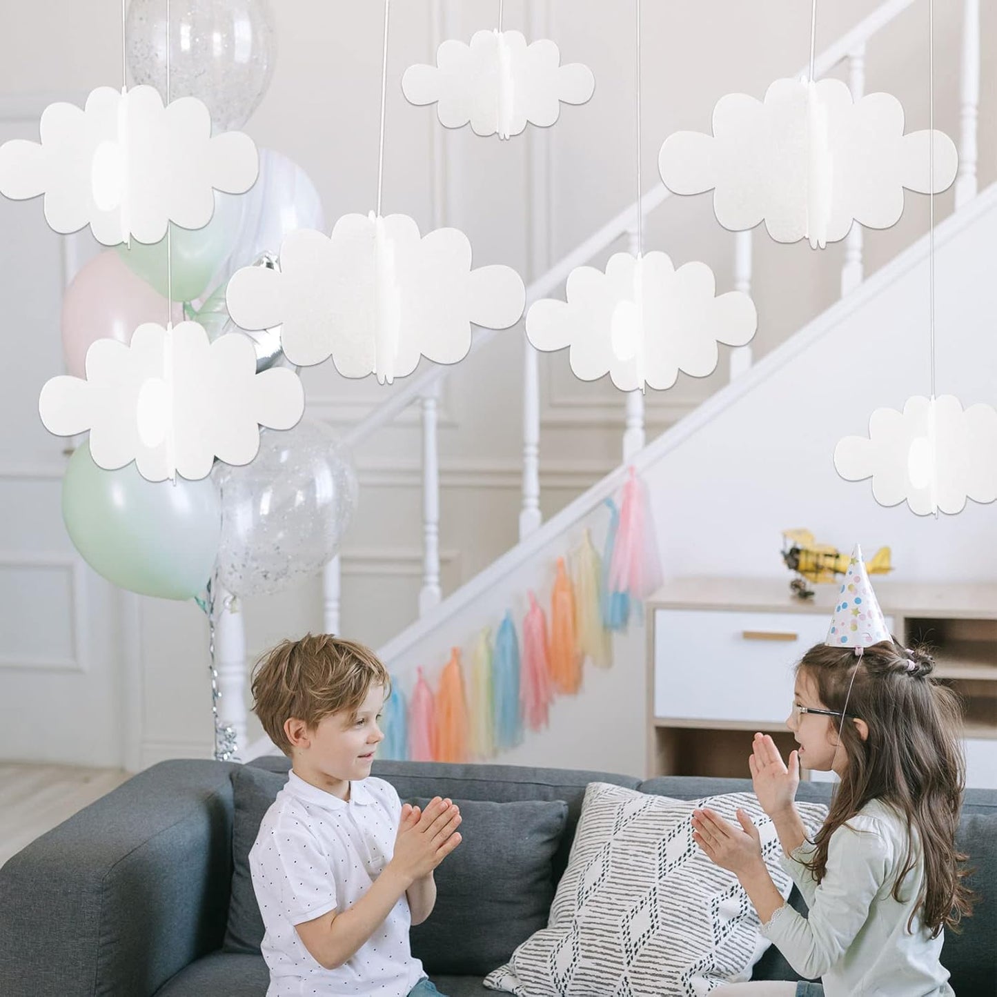 Skiennix 16 Pcs 3D Cloud Decorations - Hanging Artificial Cloud Ornaments for Nursery & Party Decor