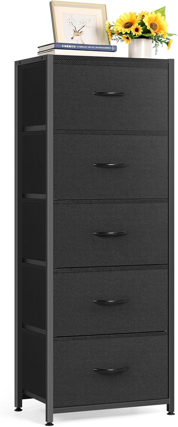 MOOACE 5-Drawer Dresser | Tall Fabric Storage Unit with Wooden Top | Black Metal Frame for Bedroom & Hallway