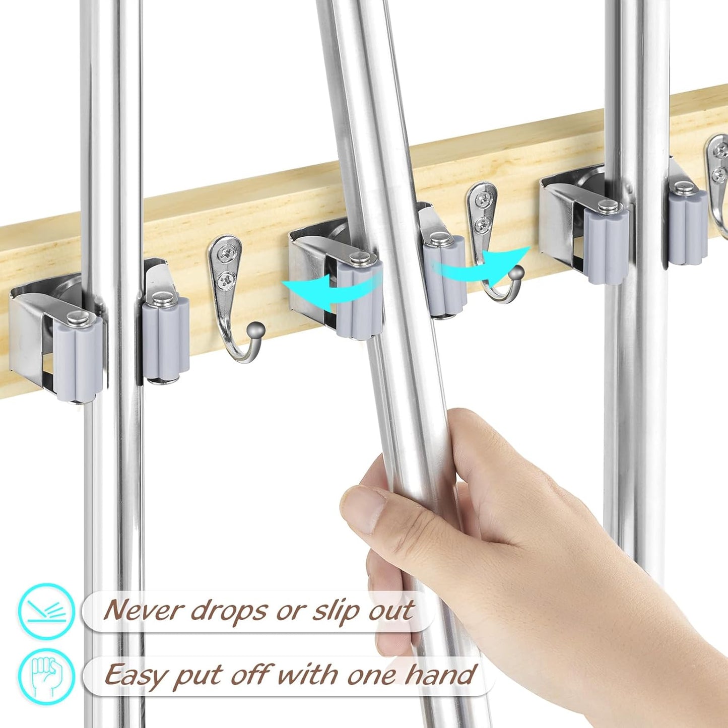 OUTNILI Mop and Broom Holder Wall Mount - Light Wood Organizer with 4 Slots & Hooks for Garage, Kitchen, Laundry Room