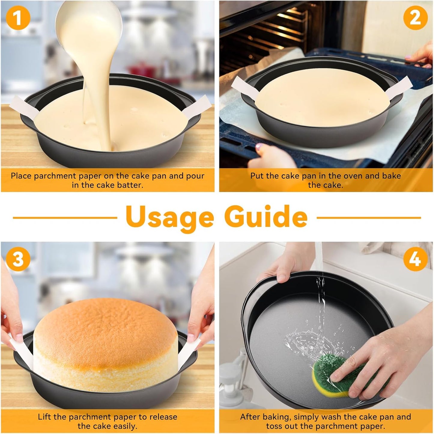 Skiennix 6-Inch Nonstick Cake Pans - 3-Piece Set with 100 Parchment Paper Sheets & Handles | Dishwasher Safe