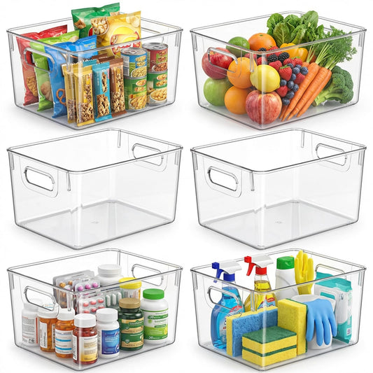 MOONEDGE Open Clear Plastic Storage Bins Stackable Organizer Containers with Handles for Kitchen, Pantry, Fridge, Cabinet, Closet Storage & Home Organization 6 Pack（11 x 8 x 6 in）