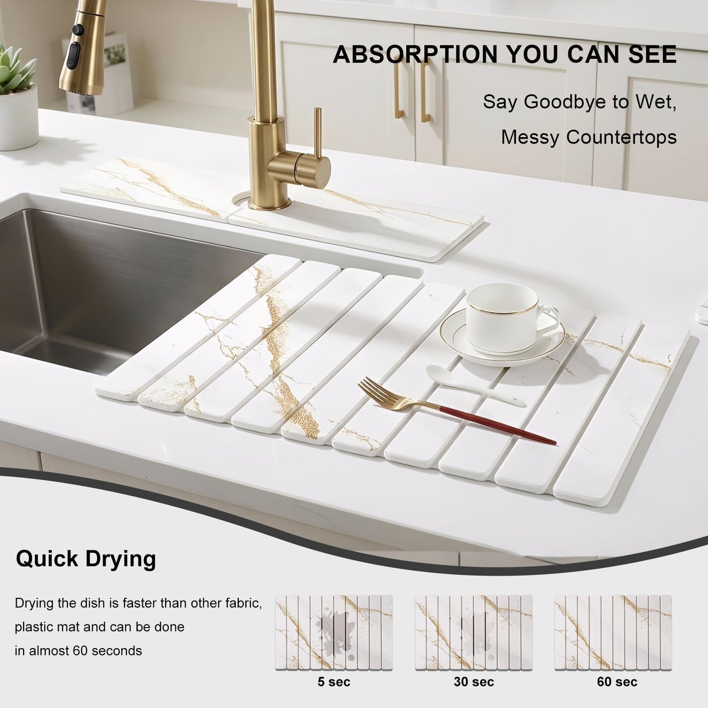 3 PCS Large Stone Dish Drying Mat for Kitchen Counter, Quick Dry Stone Dishes Mats, Sink Faucet Mat, Marble Water Absorbing Diatomaceous Earth Drying Pad for Countertop Tableware, Bottles